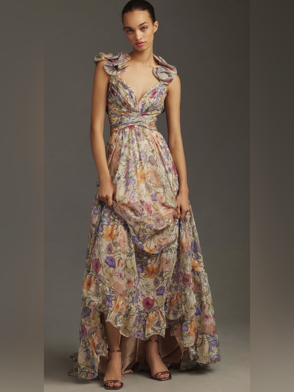 Mac Duggal Ruffle-Sleeve V-Neck Tiered Chiffon Maxi Dress